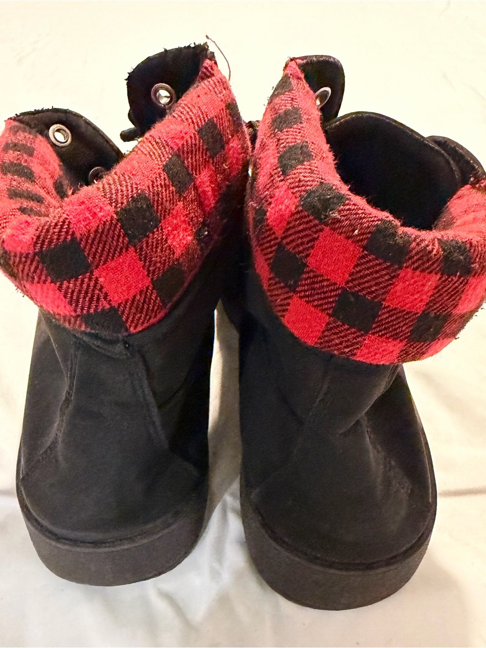 Men's Black Lace-Up Boots with Red Plaid Collar - Picture 2 of 2
